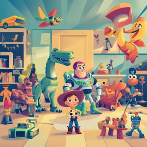 Toy Story style cartoon character set, full body, colorful, Pixar-like 3D look, vector flat PNG illustration, clean outlines, high detail
