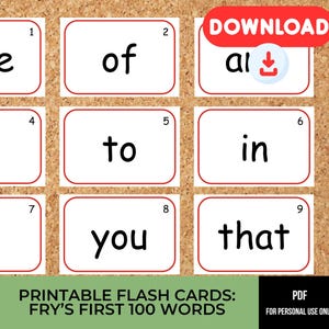 Cartes flash imprimables 100 premiers mots de Fry | Flashcards Sight Word pour la maternelle et la première année | Exercices de lecture à télécharger