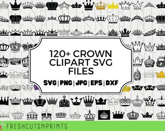 May include: A digital download of over 120 crown clipart SVG files. The image shows a variety of crown designs in black, white, and gold. The text "120+ CROWN CLIPART SVG FILES" is displayed in a white box with a black border. The text "SVG | PNG | JPG | EPS | DXF" is displayed below the white box. The text "FRESHCUTSNPRINTS" is displayed at the bottom of the image.