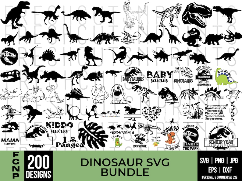 May include: A digital download bundle of 200 dinosaur SVG designs. The designs include various dinosaurs, such as Tyrannosaurus Rex, Stegosaurus, and Triceratops, as well as baby dinosaurs, and a variety of text-based designs, such as "Kiddo Saurus" and "Mama Saurus".