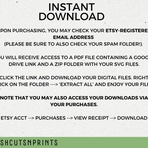 May include: A white background with black text explaining how to download digital files after purchasing from Etsy. The text includes instructions to check your email address, including your spam folder, and to click on a link to download your files. The text also includes instructions on how to access your downloads via your Etsy purchases.