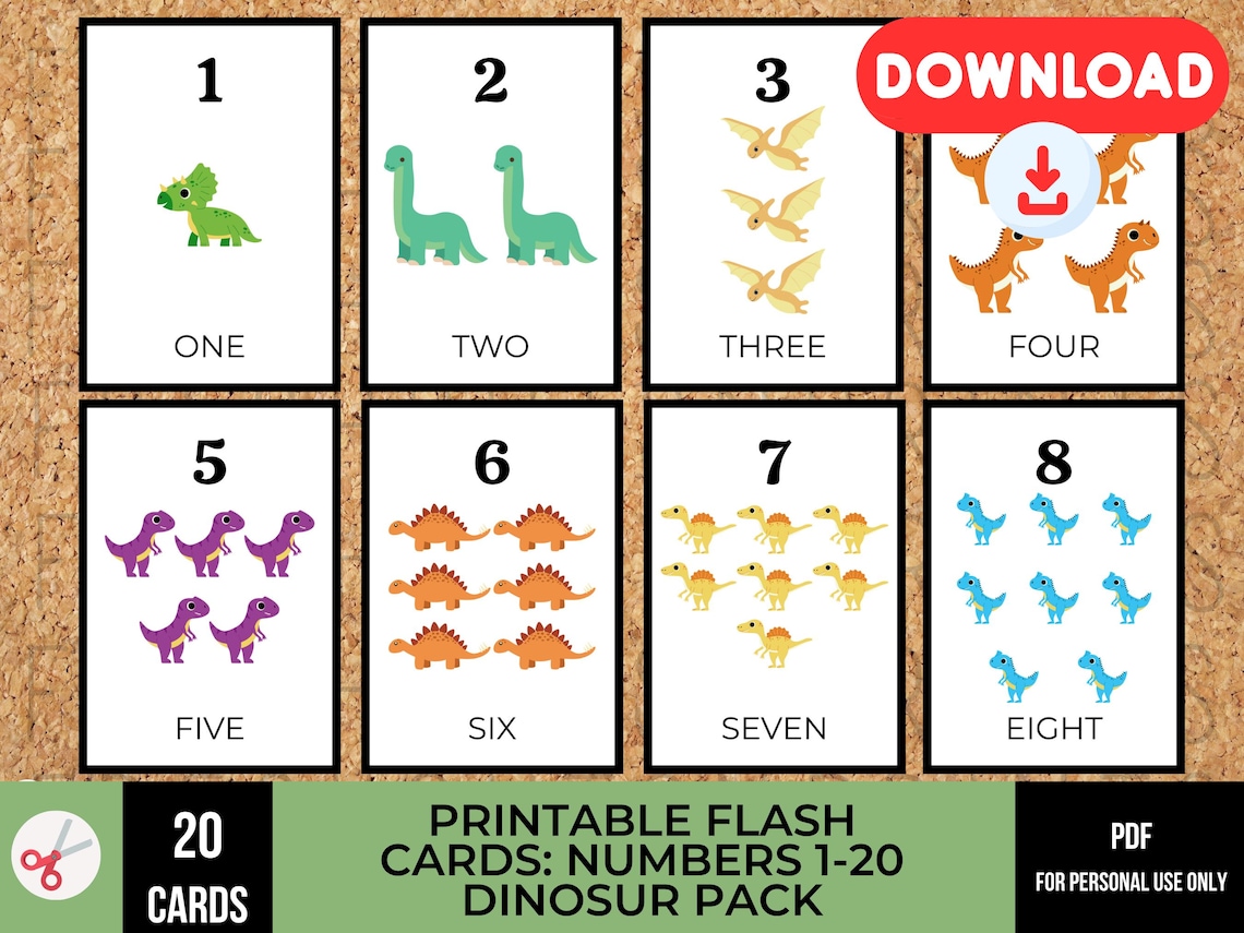 Printable Dinosaur Number Flash Cards 1–20 | Counting Cards for ...