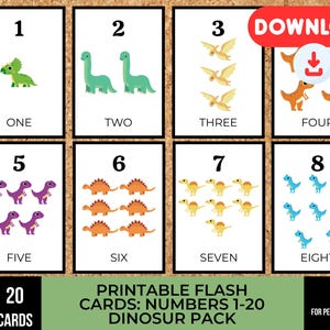 Printable Dinosaur Number Flash Cards 1–20 | Counting Cards for Toddlers & Kids | Preschool Math | Dino Learning Printable PDF