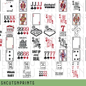 May include: A digital sheet of 30 printable designs featuring playing cards, slot machines, and casino-themed phrases. The designs are in black, red, and white.