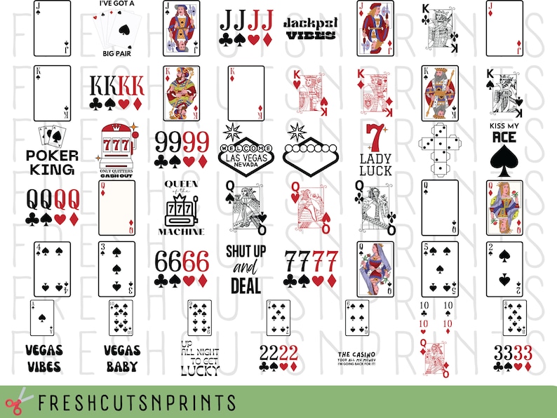 May include: A digital sheet of 30 printable designs featuring playing cards, slot machines, and casino-themed phrases. The designs are in black, red, and white.