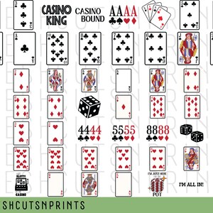 May include: A set of printable casino themed images featuring playing cards, dice, and text. The text includes "Casino King", "Casino Bound", "AAAA", "4444", "5555", "8888", "I'm Just Here For The Pot", and "I'm All In!"