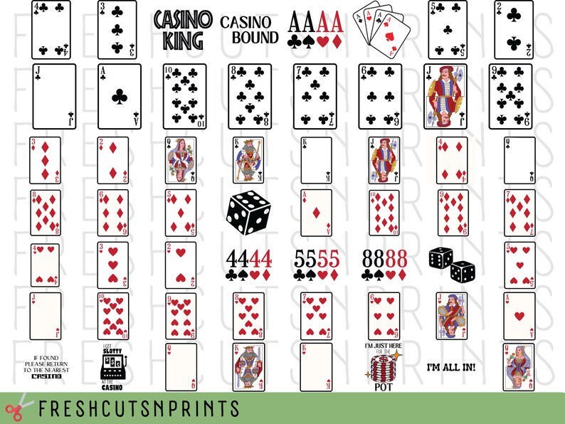 May include: A set of printable casino themed images featuring playing cards, dice, and text. The text includes "Casino King", "Casino Bound", "AAAA", "4444", "5555", "8888", "I'm Just Here For The Pot", and "I'm All In!"