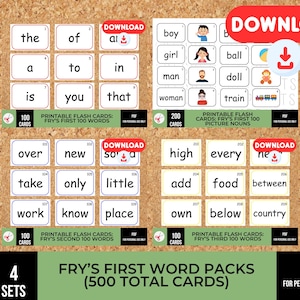 Mega Pacote de Flashcards de Palavras Visuais Fry | Primeiras 300 Palavras + 100 Substantivos Ilustrados | Flashcards de Leitura para Imprimir para o Jardim de Infância ao 2º Ano | Download em PDF | PDF para ESL