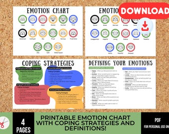 Printable Emotion Chart for Kids with Coping Strategies & Definitions | SEL Tool for Preschool Homeschool | Calm Down Corner PDF, Therapy