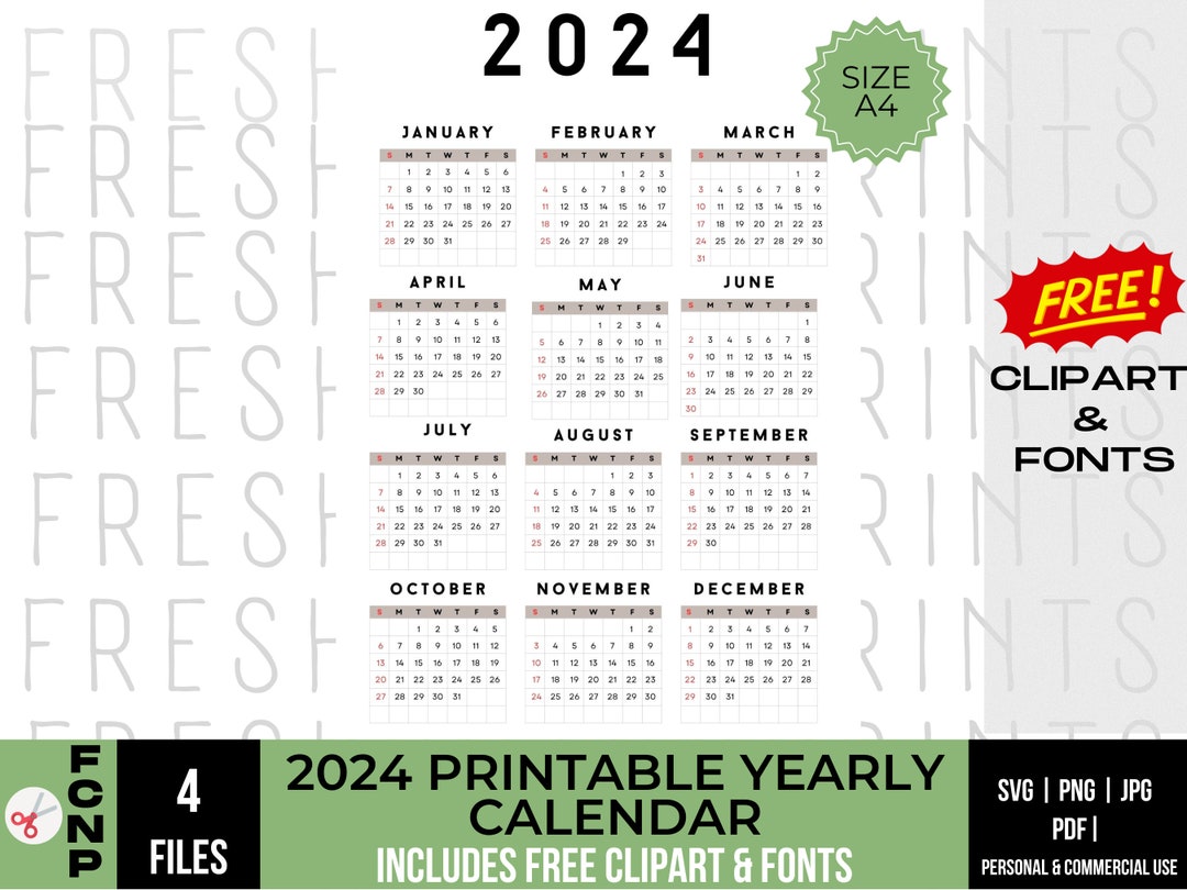 2024 Yearly Printable Calendar. Vertical Yearly Calendar 2024. A4 Size