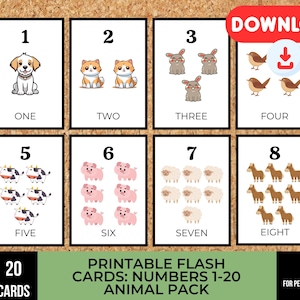 Cartes flash imprimables pour nombres d'animaux 1-20, comptage de cartes pour les tout-petits, les enfants, la reconnaissance des nombres et l'apprentissage des mathématiques, PDF pour l'école maternelle à la maison