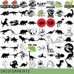 May include: A set of 36 black and white dinosaur-themed SVG cut files. The designs include various dinosaurs, such as a T-Rex, Triceratops, and Stegosaurus, as well as text phrases like "Babyosaurus" and "Don't Mess with Babysaurus".