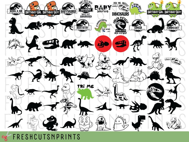 May include: A set of 36 black and white dinosaur-themed SVG cut files. The designs include various dinosaurs, such as a T-Rex, Triceratops, and Stegosaurus, as well as text phrases like "Babyosaurus" and "Don't Mess with Babysaurus".