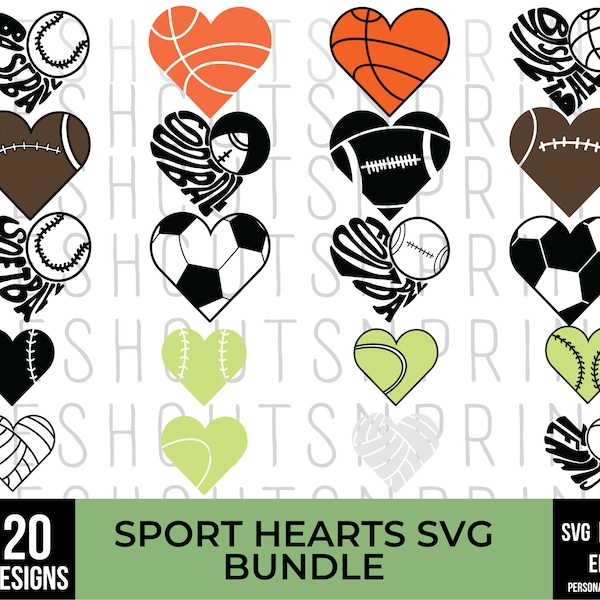 20 Sport Heart Svg, Sports clipart, Sports cut files, Football svg, Softball svg, Softball mom svg, Baseball svg, Soccer svg, Tennis svg