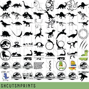 May include: A collection of black and white dinosaur silhouette images, including a variety of dinosaur species, such as Tyrannosaurus Rex, Stegosaurus, and Triceratops. The images are perfect for crafting, scrapbooking, or creating digital designs.