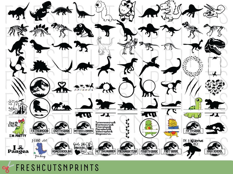 May include: A collection of black and white dinosaur silhouette images, including a variety of dinosaur species, such as Tyrannosaurus Rex, Stegosaurus, and Triceratops. The images are perfect for crafting, scrapbooking, or creating digital designs.