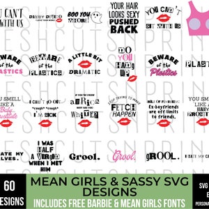 60 Mean Gals SVG Bundle, svg, Mean Gal clip art, mean gal png, png i dxf, łatwe w użyciu pliki do cięcia, sylwetka cricut, cytaty z filmu Mean Gals