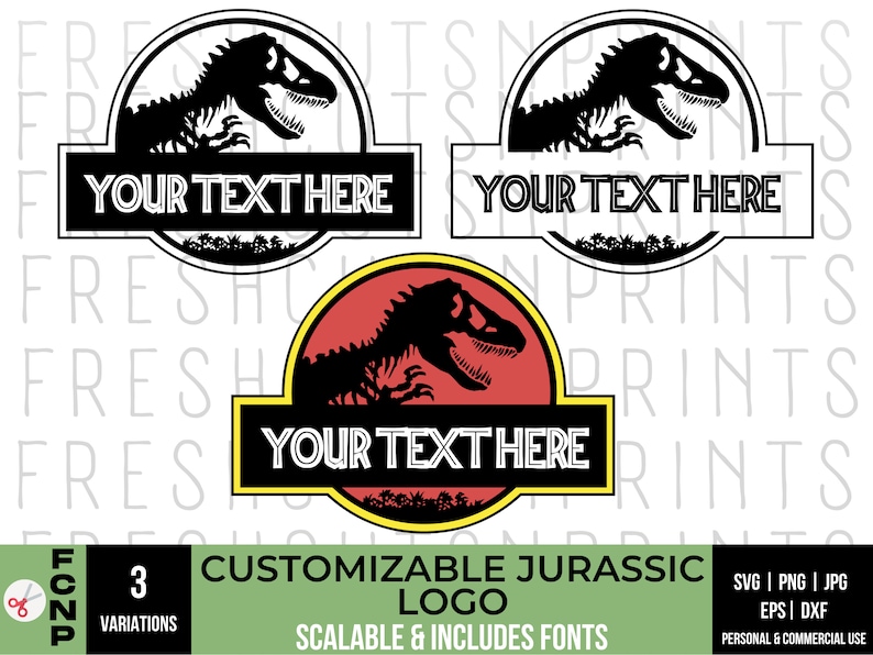 May include: Three variations of a customizable Jurassic Park logo. The logo features a black silhouette of a dinosaur with a skull on a red, white, or black background. The text "YOUR TEXT HERE" is displayed below the dinosaur.