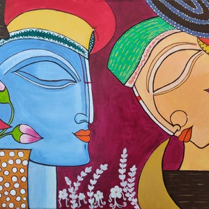 Krishna Radha Modern Art- Original Handmade Acrylic Painting on Canvas * Hindu God  * Contemporary* Radhakrishn* Home Wall Art Decor*