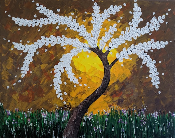 Original Acrylic Painting Thick Textured Layer of Paint Impasto Painting  White Flower Tree in Setting Sun Contemporary Modern Art 
