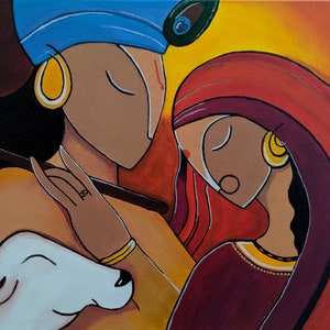Krishna Radha Modern Art- Original Handmade Acrylic Painting on Canvas * Hindu God  * Contemporary* Radhakrishn* Home Wall Art Decor*