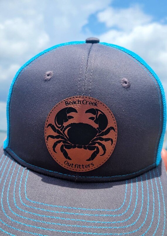 Beach Creek Outfitters Hat - Fishing Gear - Teal/Gray W Leather Crab Patch (Official)