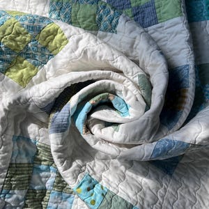 Nine-patch Quilt in Soft Colors; Blue and Green Throw Quilt in Modern Farmhouse Style; Handmade Quilt