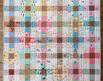 Summer Fun Nine-Patch Quilt, Handmade Small Throw Quilt with Summer Theme