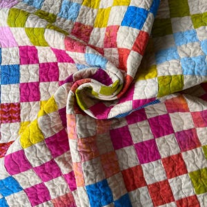 Handmade Scrappy Nine Patch Quilt; Small Throw Quilt in Vibrant Colors; Handmade Quilt for Baby or Toddler;Quilted Wall Art