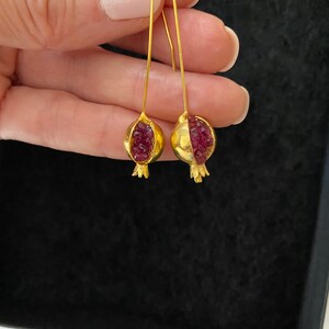 Golden Pomegranate Long Earrings with dark red crystals