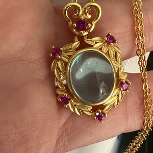 Matte gold plated Stunning pendant with chain,Light green Chalcedony Cabochon and Pink crystals