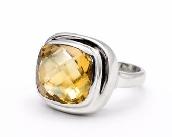 Citrine Sterling Silver Ring, Chunky Square Gemstone Ring, November Birthstone Jewelry