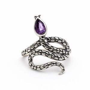 May include: A silver ring shaped like a coiled snake with a textured, scale-like surface. The snake's head features a single, pear-shaped purple gemstone set in the center, creating a distinct focal point on the metallic, serpent-inspired band.