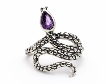 Amethyst Snake, 925 Sterling Silver Serpent Ring, February Birthstone Jewelry