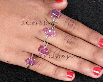 Raw Ruby Ring: 925 Sterling Silver, Uncut Crystal Band