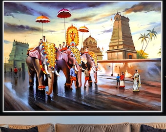 Kerala Elephant Onam Festival  canvas Painting, South Indian Temple Art hindu traditional culture interior wall hanging spiritual 3d gopuram