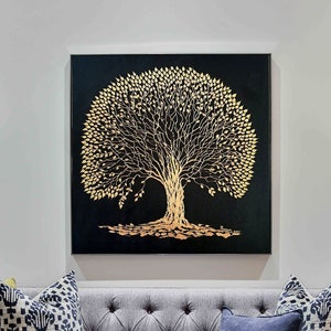 Large Golden tree original canvas painting tree of life palette knife bold texture big wall hanging hevy body paint molding luxury homedecor