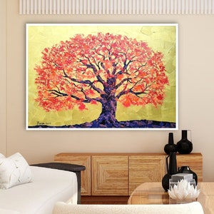 Large Blooming Tree abstract painting Canvas red nature Landscape art golden tree of life Living Room wall Decor unique gift For her 3D boho