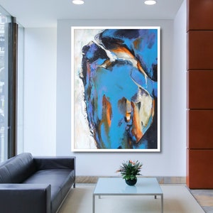 Blue abstract canvas painting minimalist Modern art unique gift Office wall hanging Home decor hevy texture impasto knife living room boho