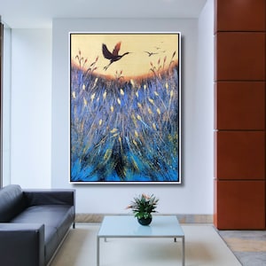 Lienzo de pintura de pájaro volador dorado con textura pesada, textura de naturaleza matutina, espátula, impasto, arte de pared, sala de estar, oficina, minimalista, abstracto, flor