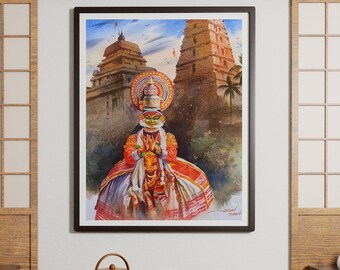 Può includere: Dipinto ad acquerello incorniciato raffigurante un ballerino Kathakali in costume tradizionale, sullo sfondo di un'antica architettura indiana. L'opera presenta colori vivaci e dettagli intricati, mostrando il trucco e l'abbigliamento elaborati del ballerino. Il dipinto è esposto in una stanza con un tavolo e una teiera.