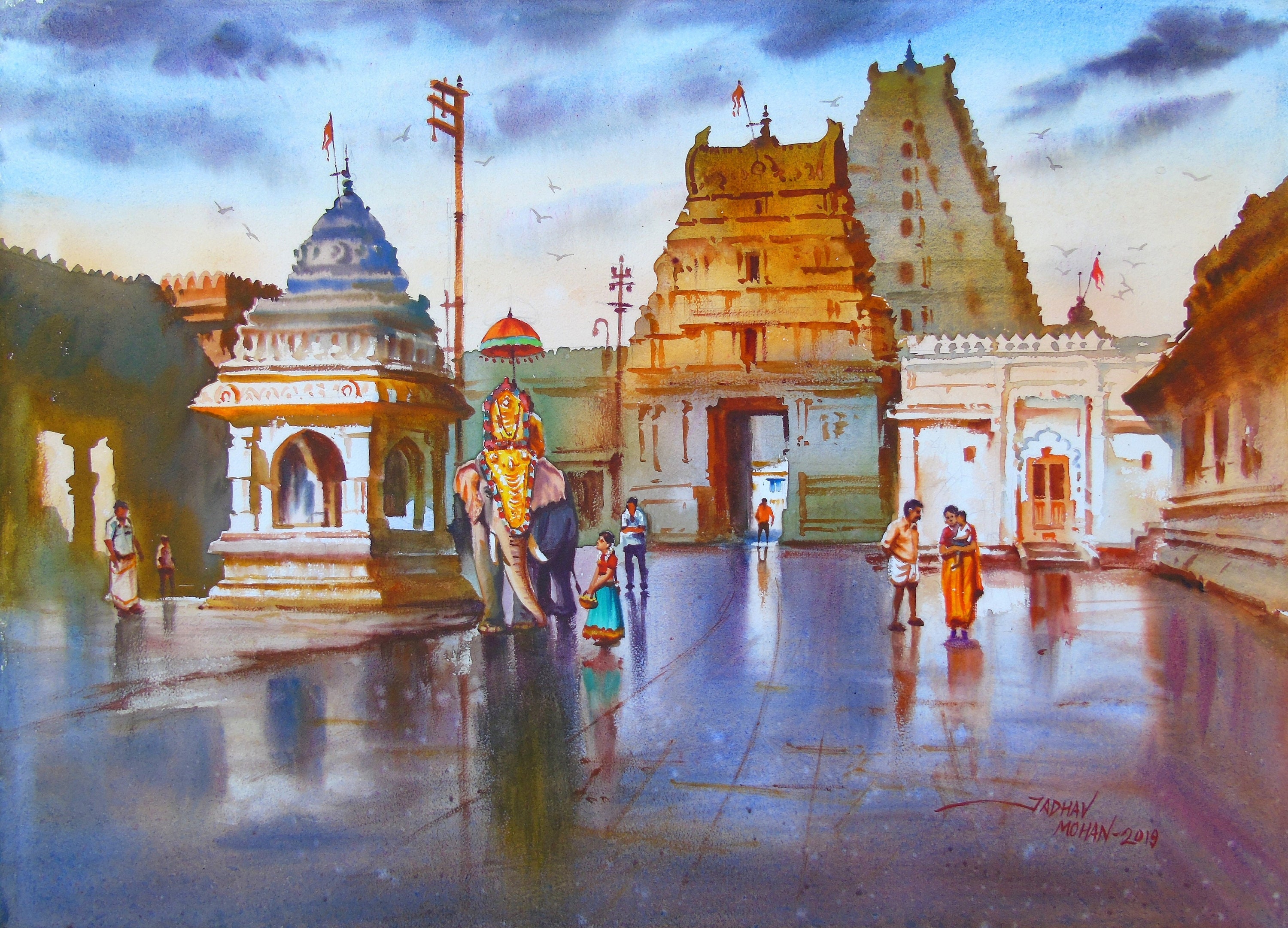 Original Canvas Painting of South Indian Temple Handmade Gift