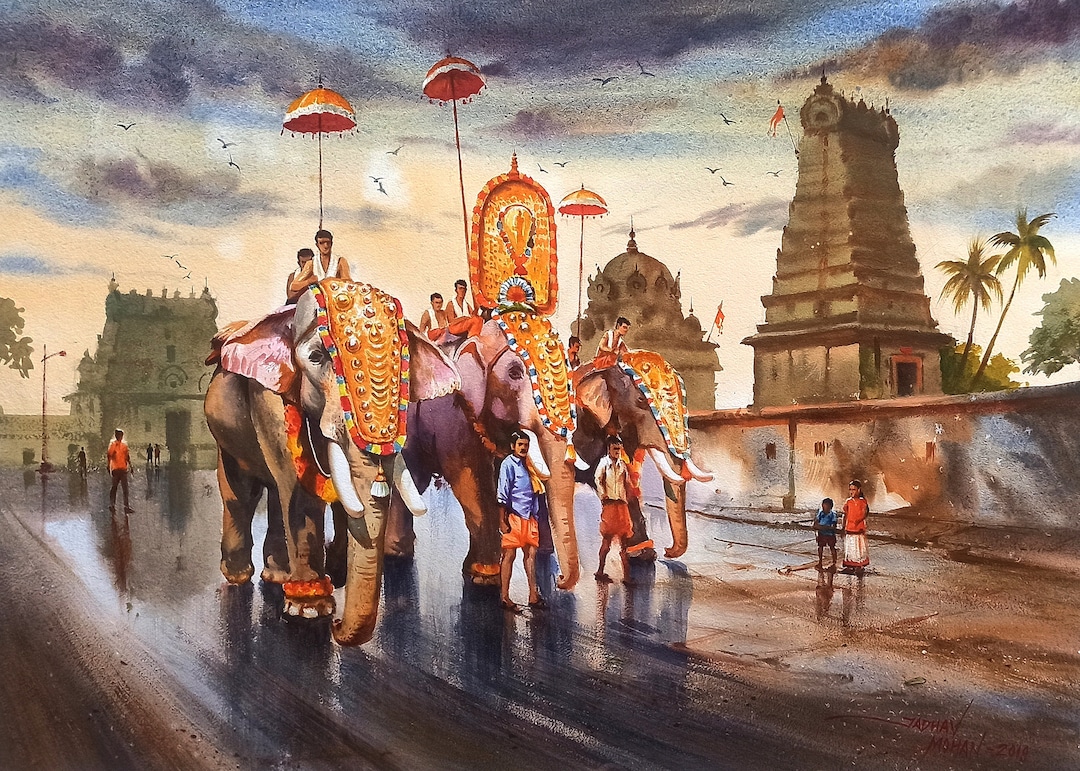 South Indian Temple Painting Original Watercolor Painting Elephant Wall