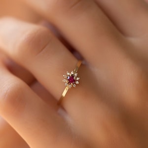 14K Gold Round Cut Ruby Rings with Pave Diamond for Woman/ Dainty 14K Gold Diamond Flower Ruby Rings/ Gift for Her/ Mothers Day Gift