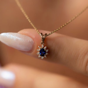 14K Gold Oval Cut Sapphire Necklace with Pave Diamond for Woman/ Gold Diamond Flower Blue Sapphire Necklace Gift for Her/ Mothers Day Gift