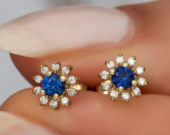 14K Gold Sapphire Stud Earrings with Pave Diamond for Woman/ 14K Gold Flower Round Sapphire Stud Earrings Gift for Her/ Mothers Day Gift