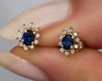 14K Gold Sapphire Stud Earrings with Pave Diamond for Woman/ 14K Gold Flower Oval Sapphire Stud Earrings Gift for Her/ Mothers Day Gift