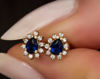 14K Gold Sapphire Stud Earrings with Pave Diamond for Woman/ 14K Gold Flower Drop Sapphire Stud Earrings Gift for Her/ Mothers Day Gift