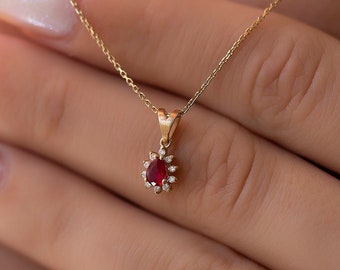 14K Gold Drop Cut Ruby Necklace with Pave Diamond for Woman/ 14K Gold Diamond Flower Ruby Necklace Gift for Her/ Mothers Day Gift/ The Mom