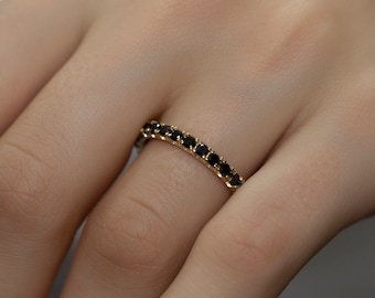 14K Gold Black Diamond Full Eternity Band Ring for Woman/ Black Diamond Stack Rings / Gold Black Diamond Stacking Dainty Wedding Band